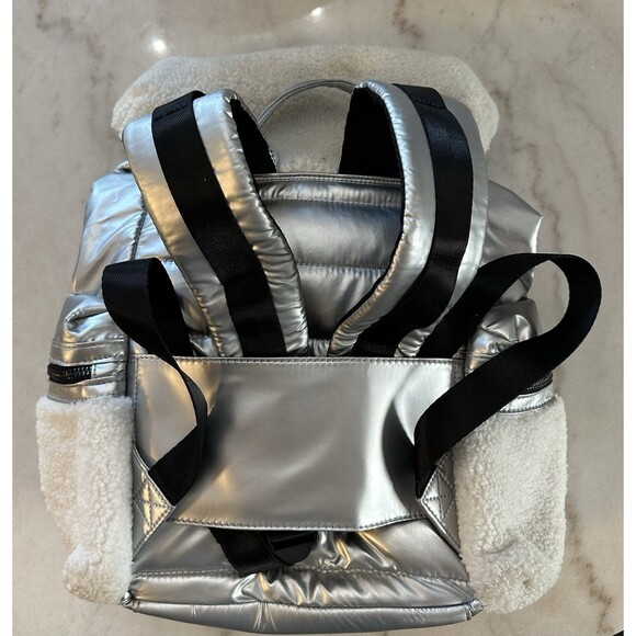 Pajar Silver Puffer Backpack Shearling Travel Bag Preowned - Picture 4 of 7